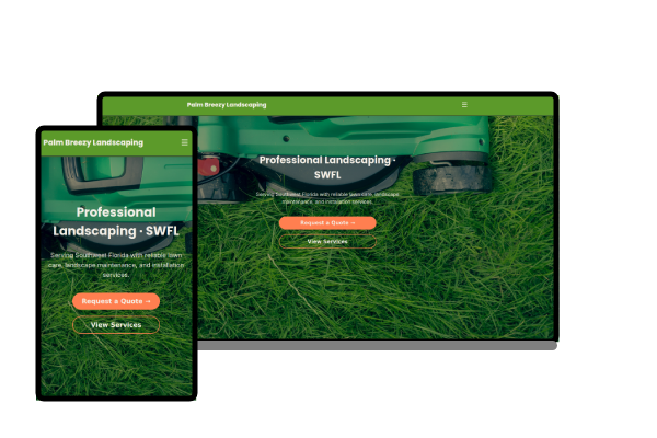 Screenshot of the Palm Breezy Landscaping website for both mobile and desktop.